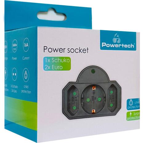 Αντάπτορας ρεύματος POWERTECH PT-817, 1x schuko, 2x euro, 16A, μαύρος με προστασία υπέρτασης